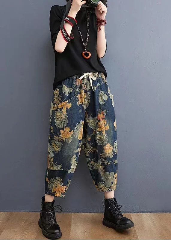 Personal Charm French Navy elastic waist drawstring pockets Print Denim Pants Spring