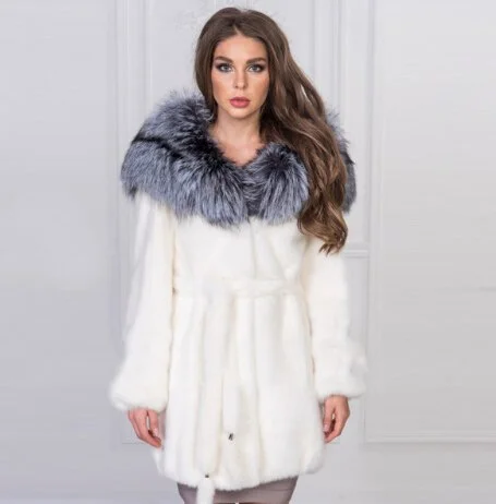 Personalized Wear Full Natural Mink Fur With Silver Fox Fur Collar Coats