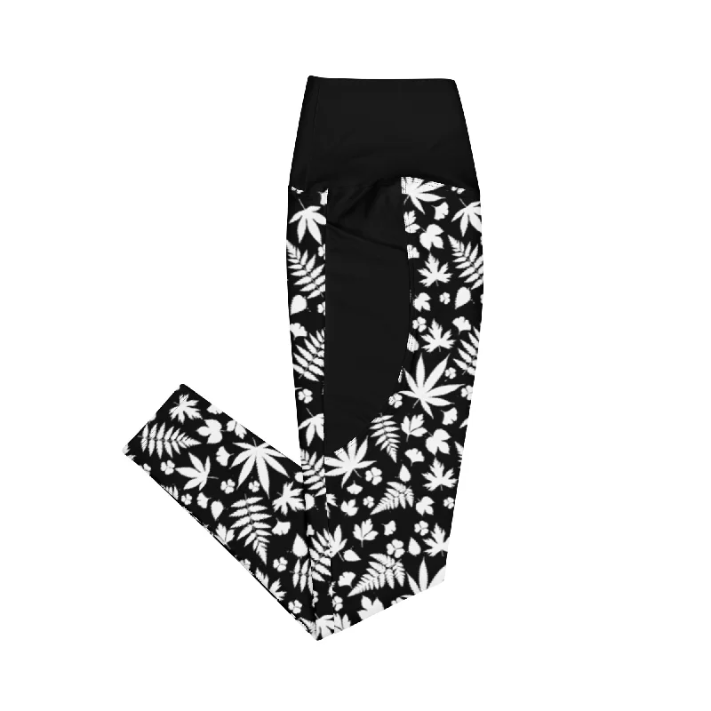 Lace Design Black And White Cannabis Leggings With Pockets