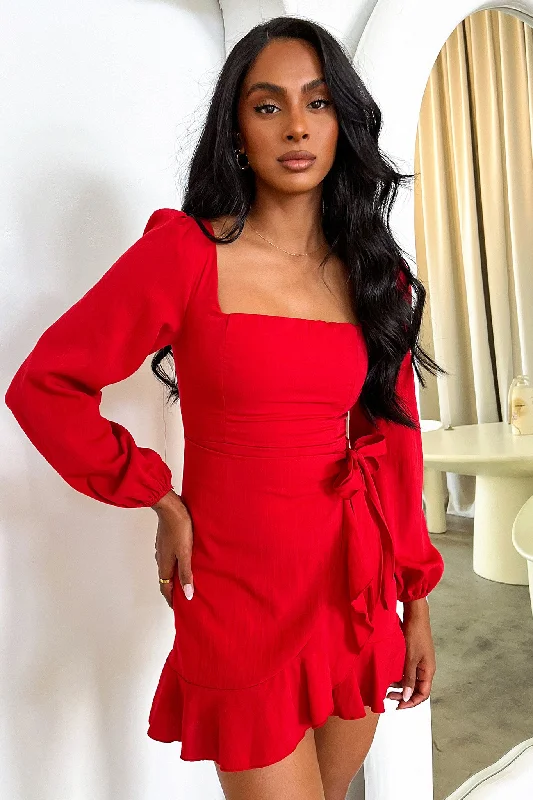 British Style Silvana Long Sleeve Wrap Mini Dress - Red