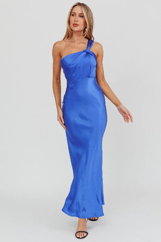 Classic Choice Fly Love Satin One Shoulder Maxi Dress Navy