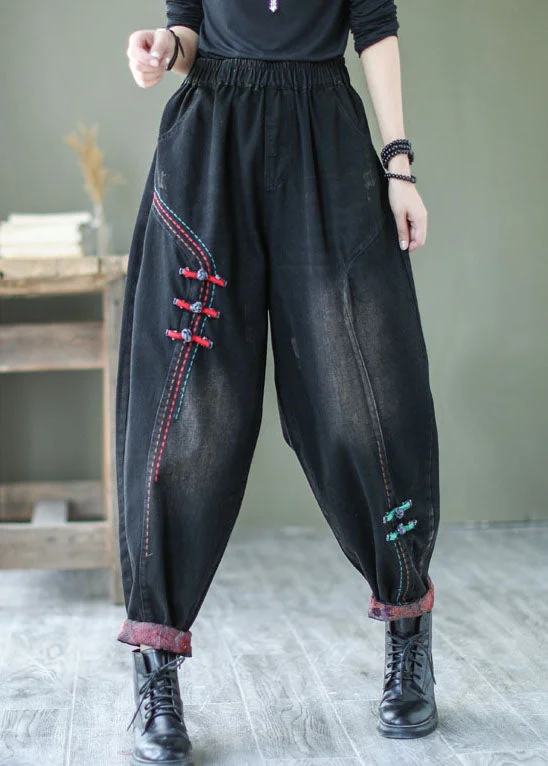Embroidery Design Natural Black Button denim harem Pants Spring