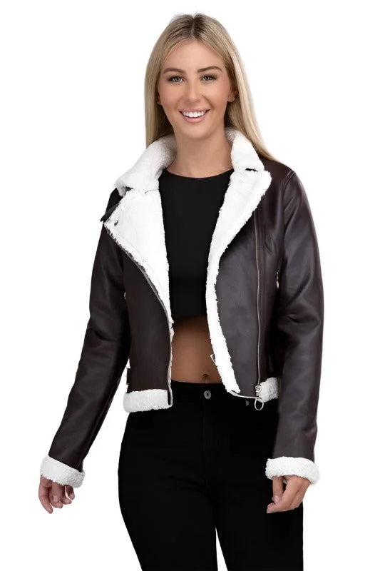 Floral Prints Plush Teddy Trimmed Pu Jacket