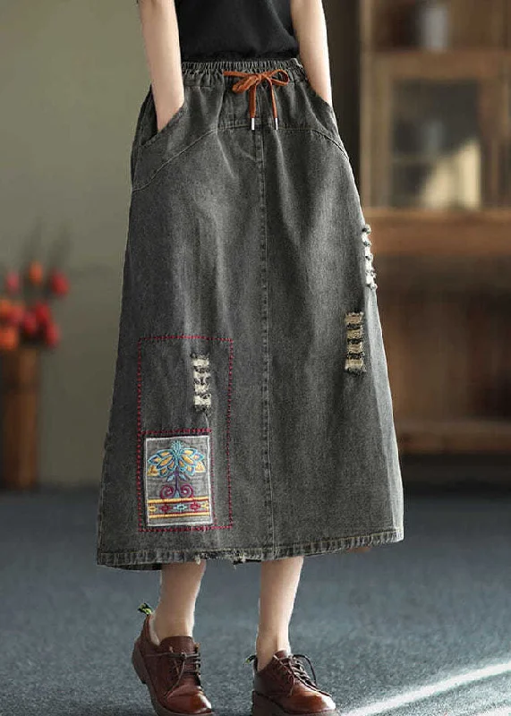 Classic Color Fashion Black Side Open Embroideried Pockets Cotton Denim Ripped Skirt Summer Classic Color Fashion Black Side Open Embroideried Pockets Cotton Denim Ripped Skirt Summer