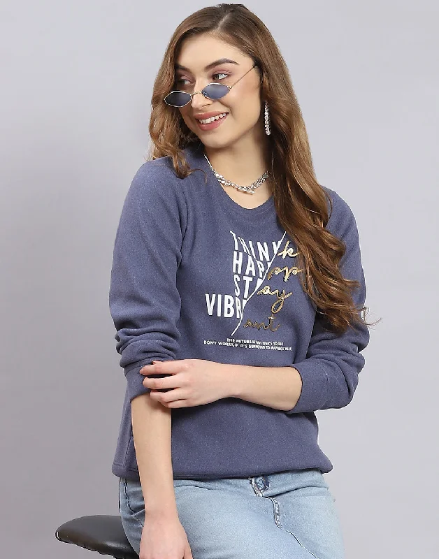 Exquisite Design Women Blue Printed Round Neck Full Sleeve Sweatshirt