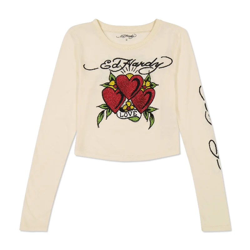 Minimal Style Rhinestone Hearts Long Sleeve Baby Tee