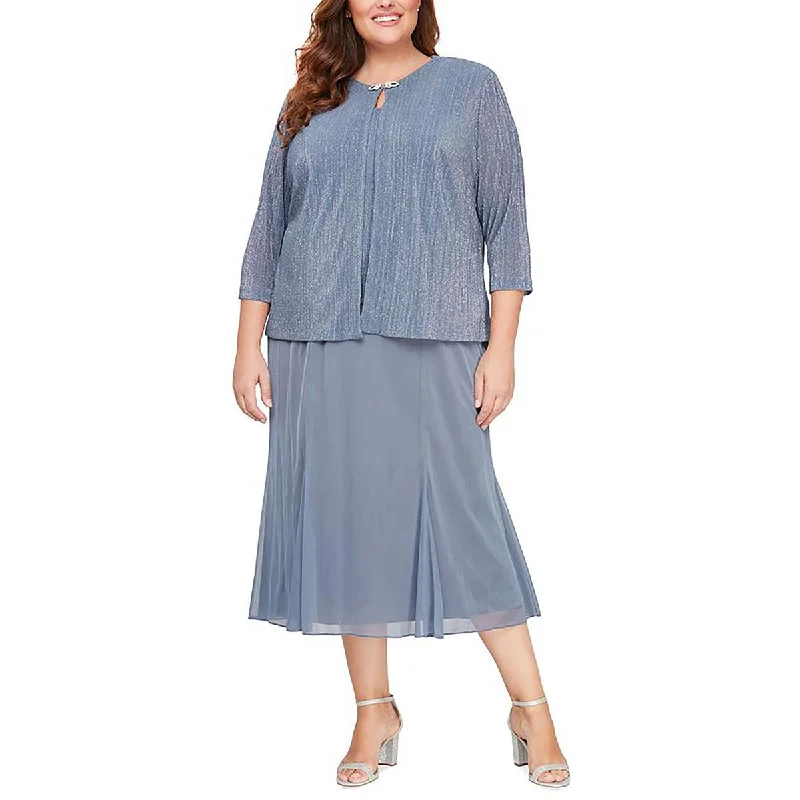 Classic Color Alex Evenings Womens Plus Crinkled Glitter Collarless Blazer