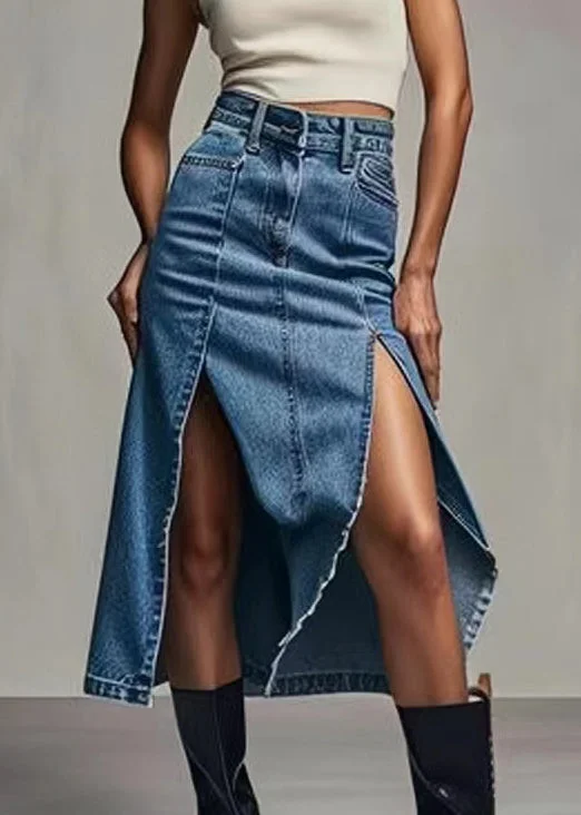 Body Design Chic Blue Zippered Side Open High Waist Denim Skirt Summer