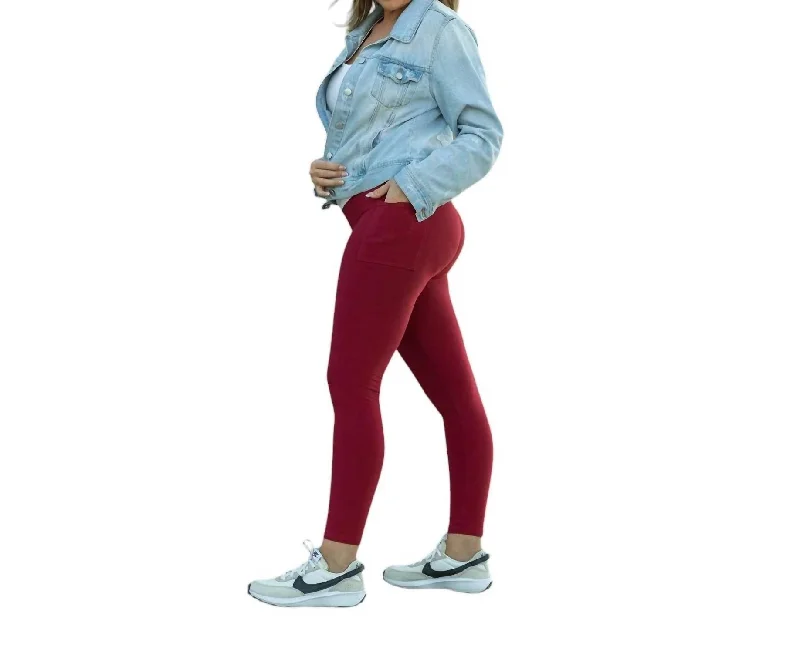 European Plan Full Length Leggings With Pocket In Solid Red