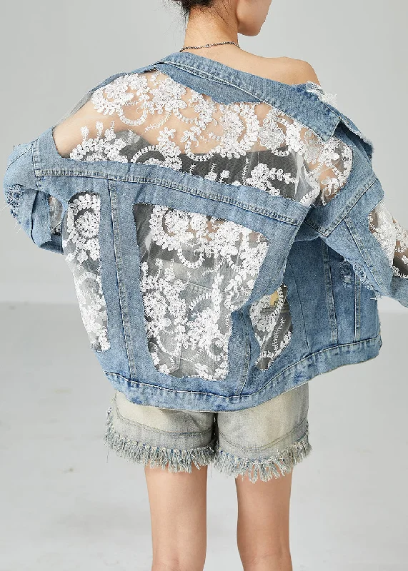 Sports Trend Modern Blue Lace Tulle Patchwork Denim Coats Summer