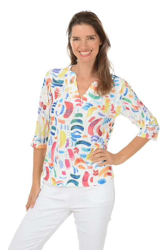 Leisure Sports Petite Colorful Confetti High-Low Eyelet Top
