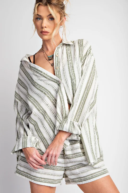 New Products Olive Yarn Dye Stripe Button Down Top