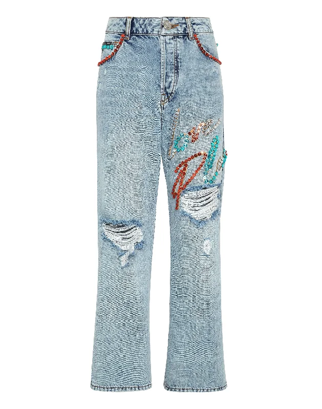 Casual Choice Denim Trousers Super Loose Fit Studs with Crystals
