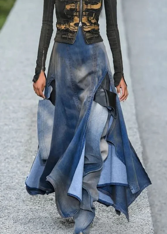 Sports Style French Blue Asymmetrical Patchwork Denim Skirts Summer