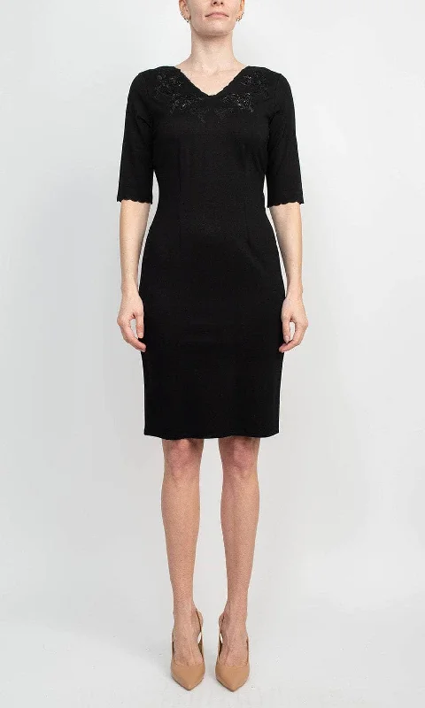 British Style Tahari THF97006 - Scalloped V-Neck Formal Dress