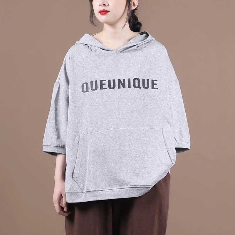 End Of The Year DIY hooded half sleeve shirts women Sewing light gray Letter tops