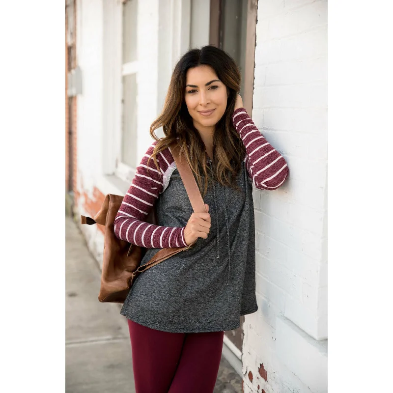 Goddess Style Burgundy Striped Charcoal Hoodie