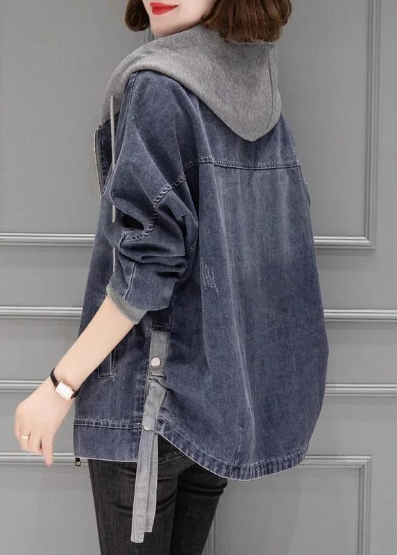 Comfortable Fashion Vintage Grey Blue Patchwork Drawstring Hooded Denim Coat Fall