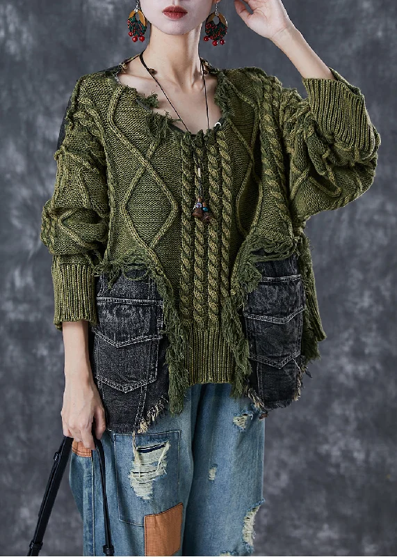 Must-have For Autumn And Winter Green Patchwork Denim Knit Ripped Sweaters Asymmetrical Winter Must-have For Autumn And Winter Green Patchwork Denim Knit Ripped Sweaters Asymmetrical Winter