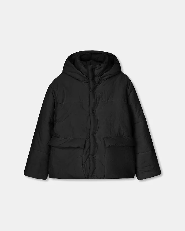 Fashion Wear Hide Hood - Tech Poplin Hooded Puffer Jacket - Black
