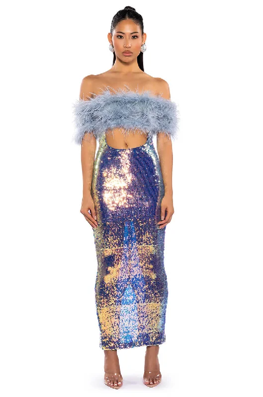 Fashion Classic TOP TIER FEATHER DETAIL SEQUIN MAXI DRESS