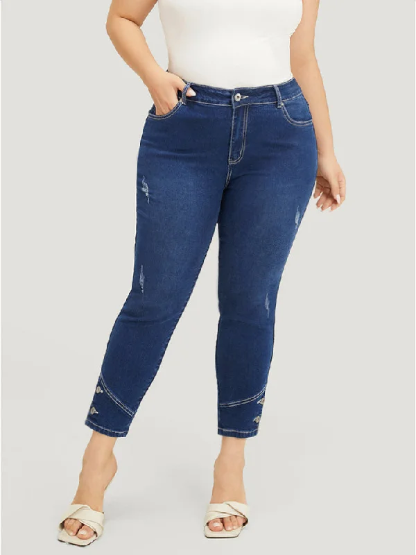 High-end Customization Very Stretchy High Rise Dark Wash Button Hem Jeans