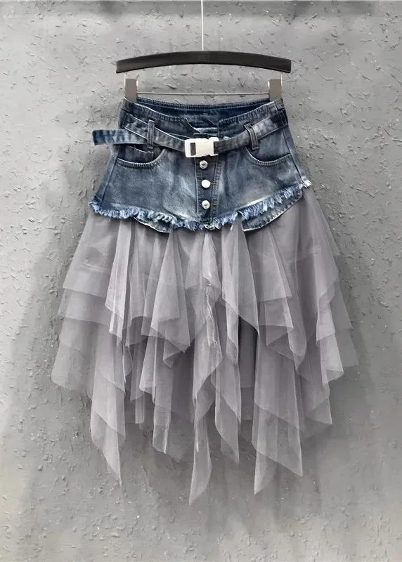 Goddess Style Style Blue Asymmetrical Tulle Patchwork Denim Skirts Summer