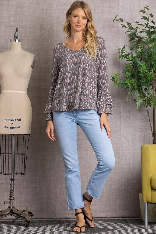 Elegant Outline PRINTED BELL LONG SLEEVES KNIT TOP TJ10311