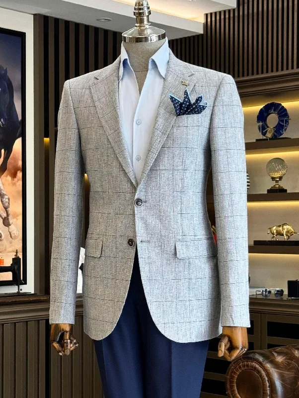 Fresh And Fashionable Grey Plaid Single Breasted Blazer