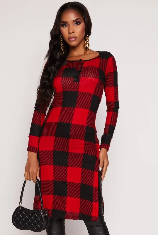 Dressing Tips Plaid Side Slit Long Sleeve Tunic Top