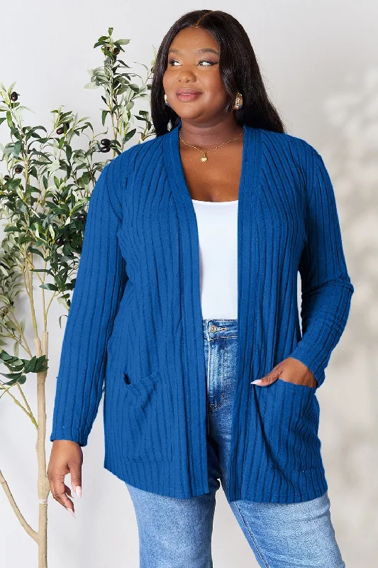 Noble And Elegant Basic Bae Full Size Ribbed Open Front Cardigan with Pockets