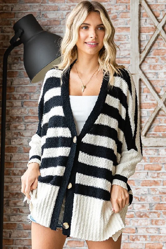 Celebrity Style Black Textured Knit Striped Oversized Cardigan
