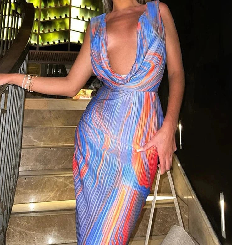 Urban Style A&A Abstract Cowl Neck Plissé Sleeveless Maxi Dress
