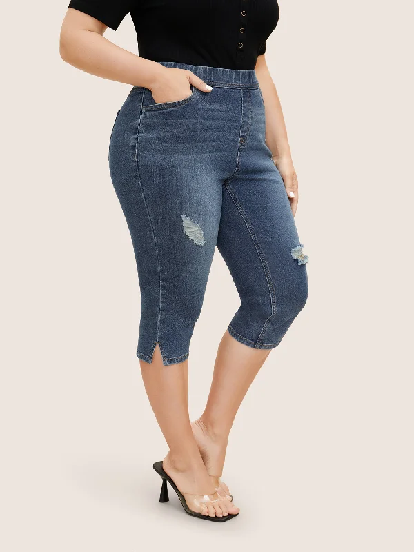 Free And Comfortable Dark Wash Elastic Waist Distressed Slit Hem Jeans