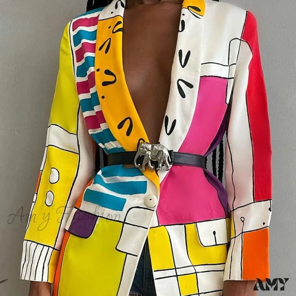 Retro Prints Amy Fashion - Shawl Lapel Long Sleeve Abstract Blazer