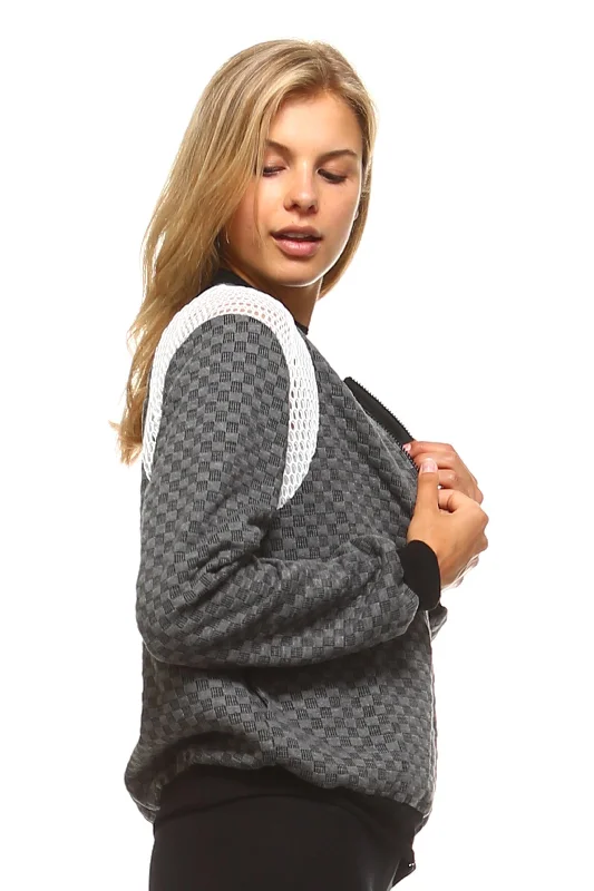 Fashionable Prints Women's Checkered Mesh Detail Bomber