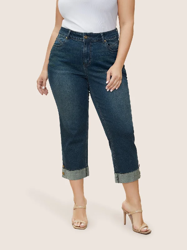 Youthful Vitality Straight Leg Patchwork Hem Metal Button Detail Jeans