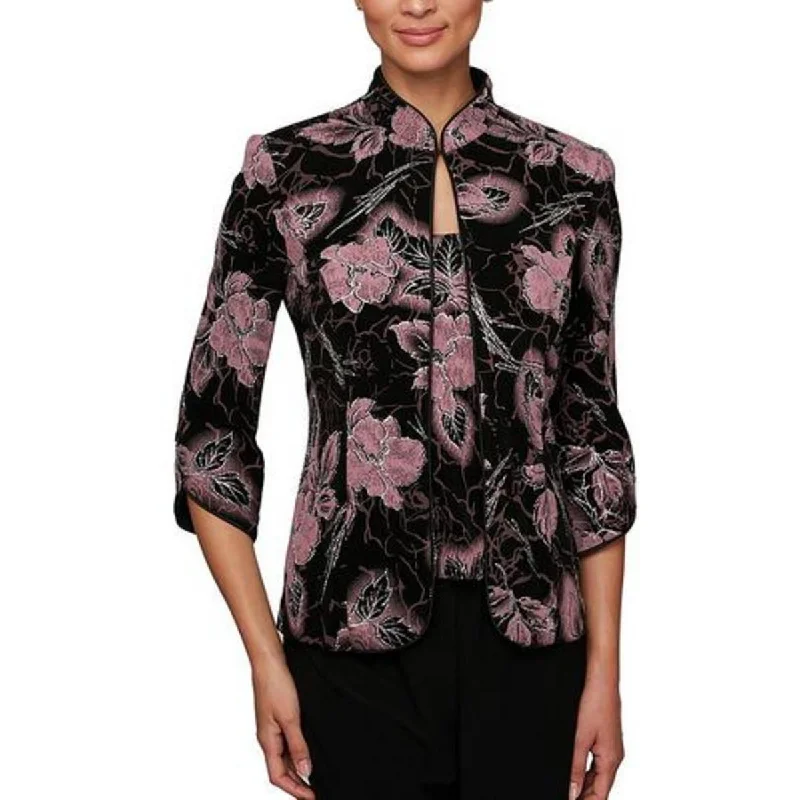Leisure Sports Alex Evenings Womens Petites Glitter Floral Print Collarless Blazer