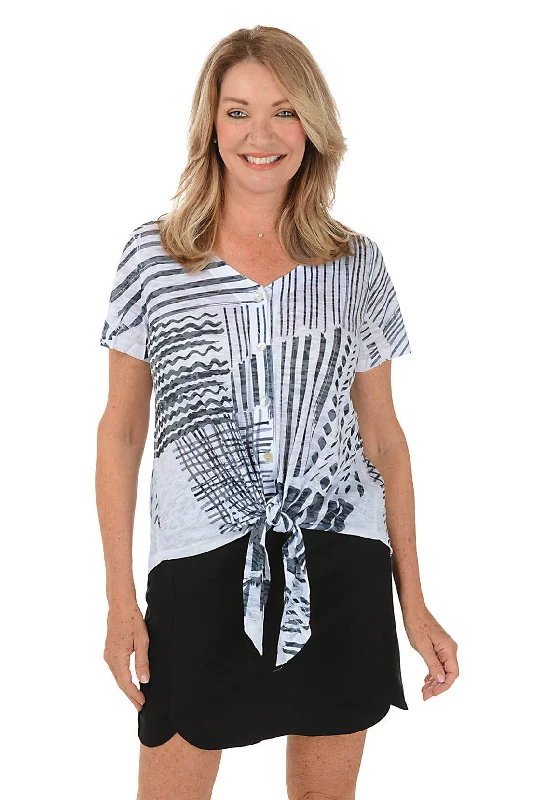 Fashion Must-have Petite Bold Lines Burnout Button-Front Tee