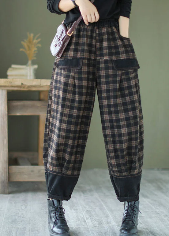 Classic Choice French Black Plaid Patchwork denim Pants Spring