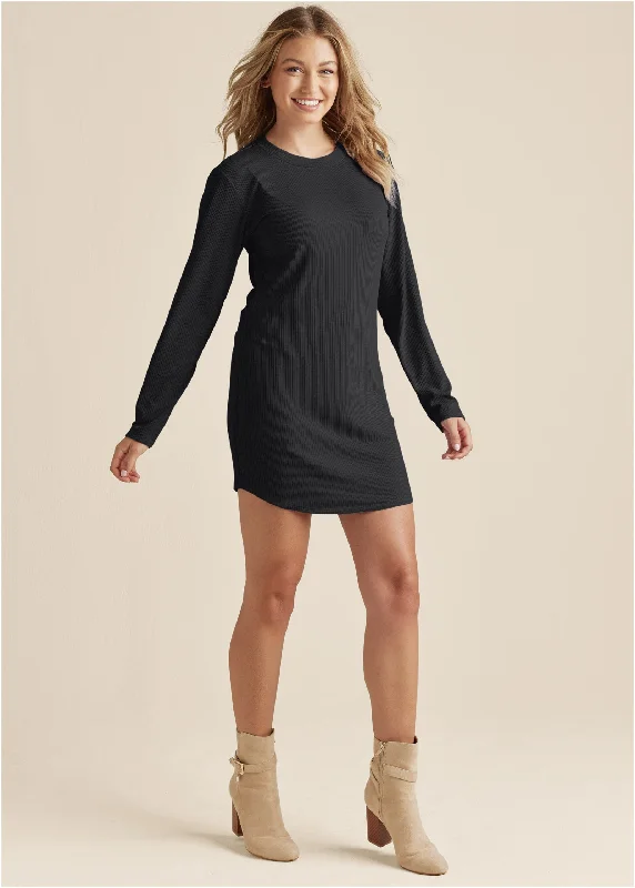 Comfortable Mind Ribbed T-Shirt Dress - Black
