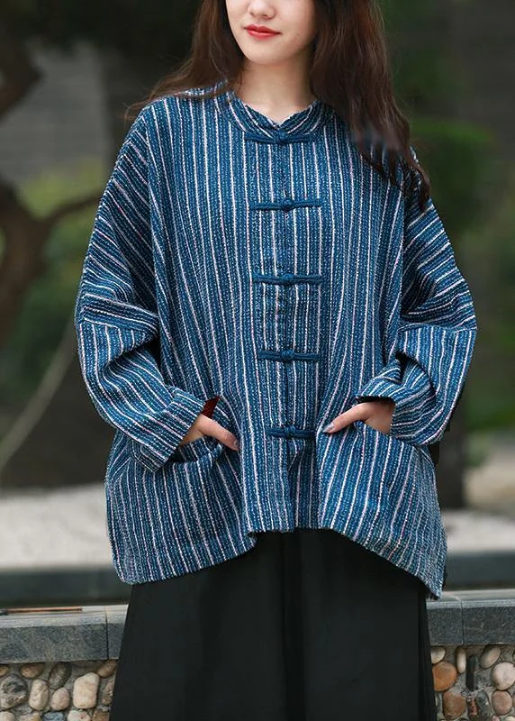 Must-have For Autumn And Winter diy denim blue striped clothes For Women Gifts stand collar tops