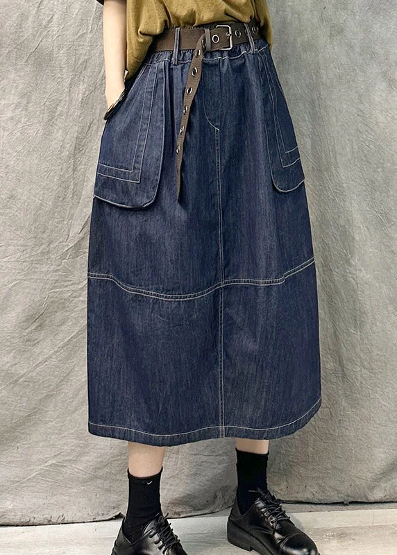 Free And Comfortable French Navy Pockets Patchwork Denim Straight Skirt Summer