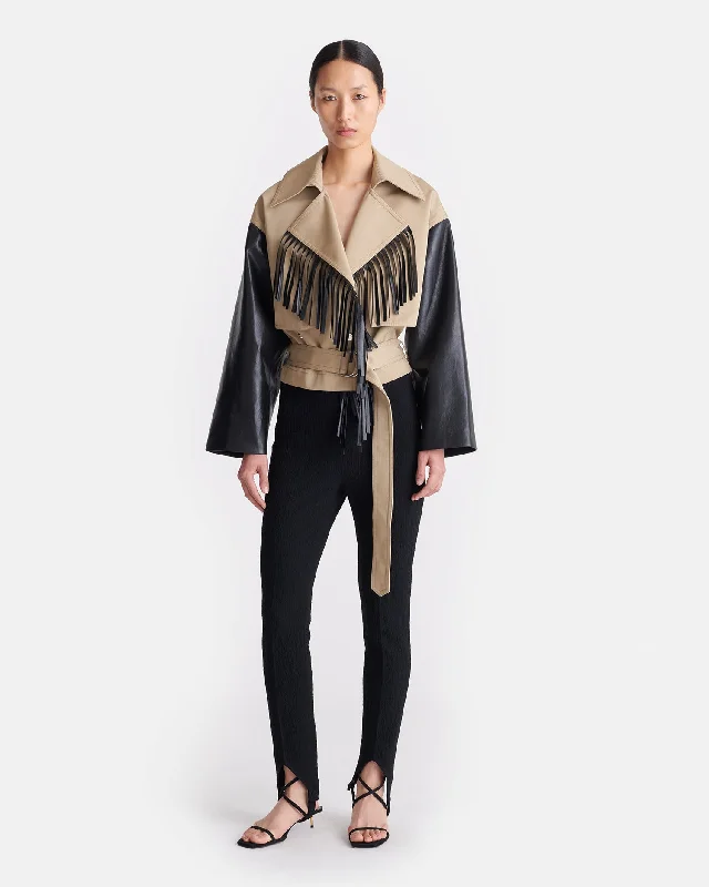 Exquisite Design Kazia - Fringed Twill and Regenerated Leather Jacket - Beige/Black