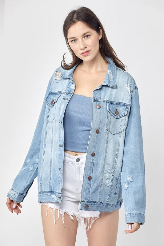 Urban Style RISEN Full Size Distressed Long Sleeve Denim Jacket