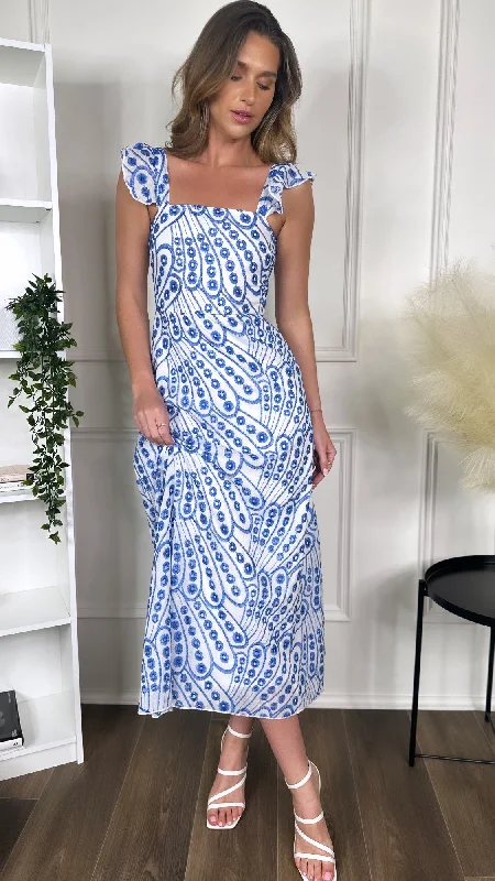 Bright Colors Alivia Blue Broderie Anglaise Maxi Dress
