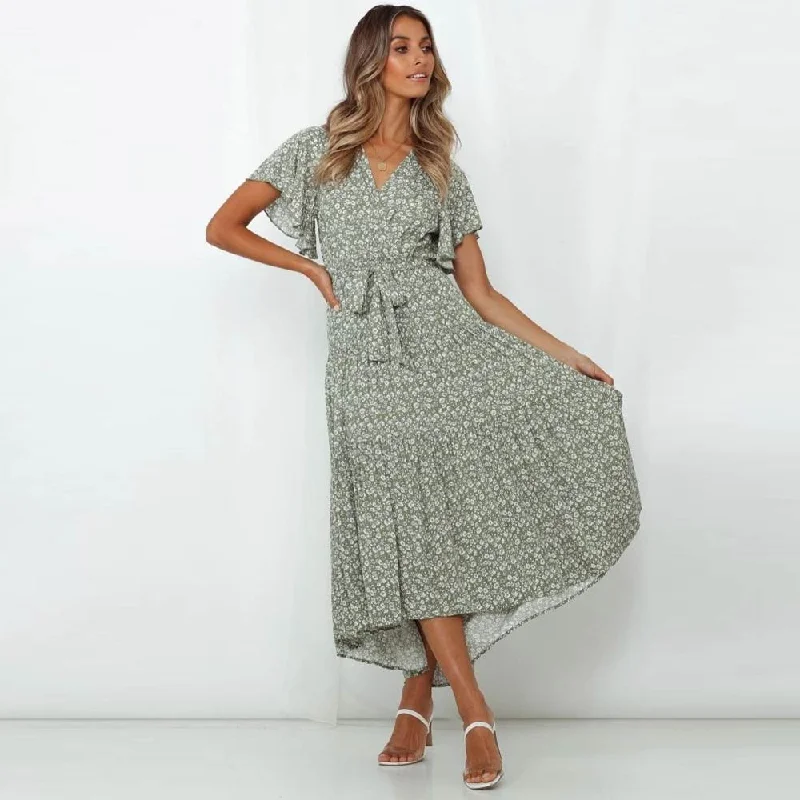 Fashion Classic BerriesJam - Floral Print Bohemian Short Sleeve Boho Style Maxi Dress