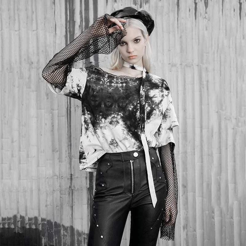 Classic Design Women's Ink Painting Ripped Stitching Mesh T-shirts