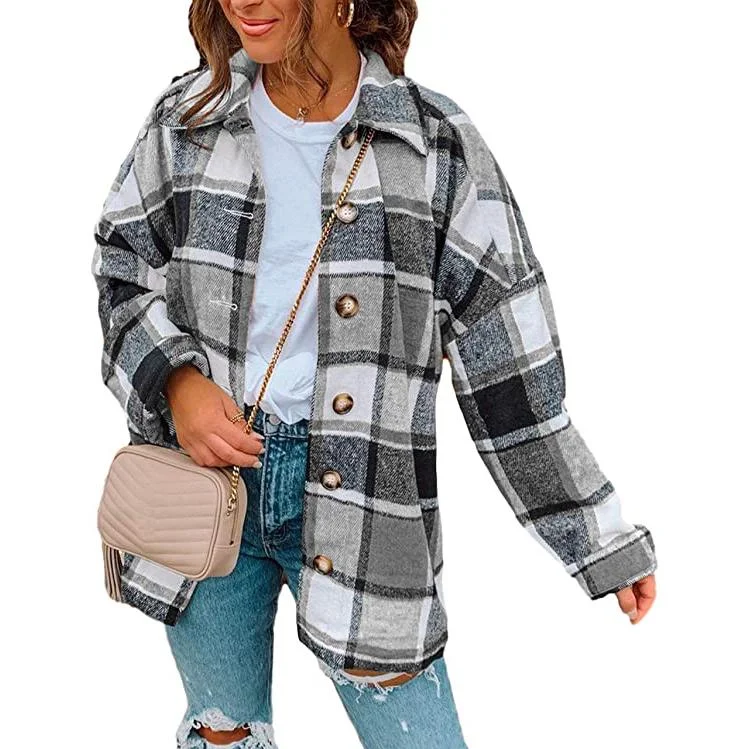 Must-have For Autumn And Winter Women's Casual Woolen Long Sleeve Button Down Plaid Jacket