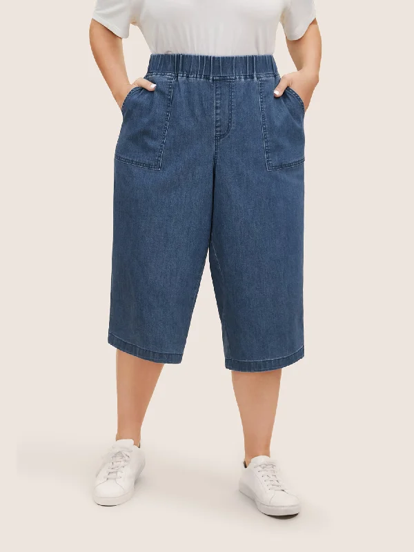Integrated Design Medium Wash Wide Leg Patch Pocket Cropped Jeans
